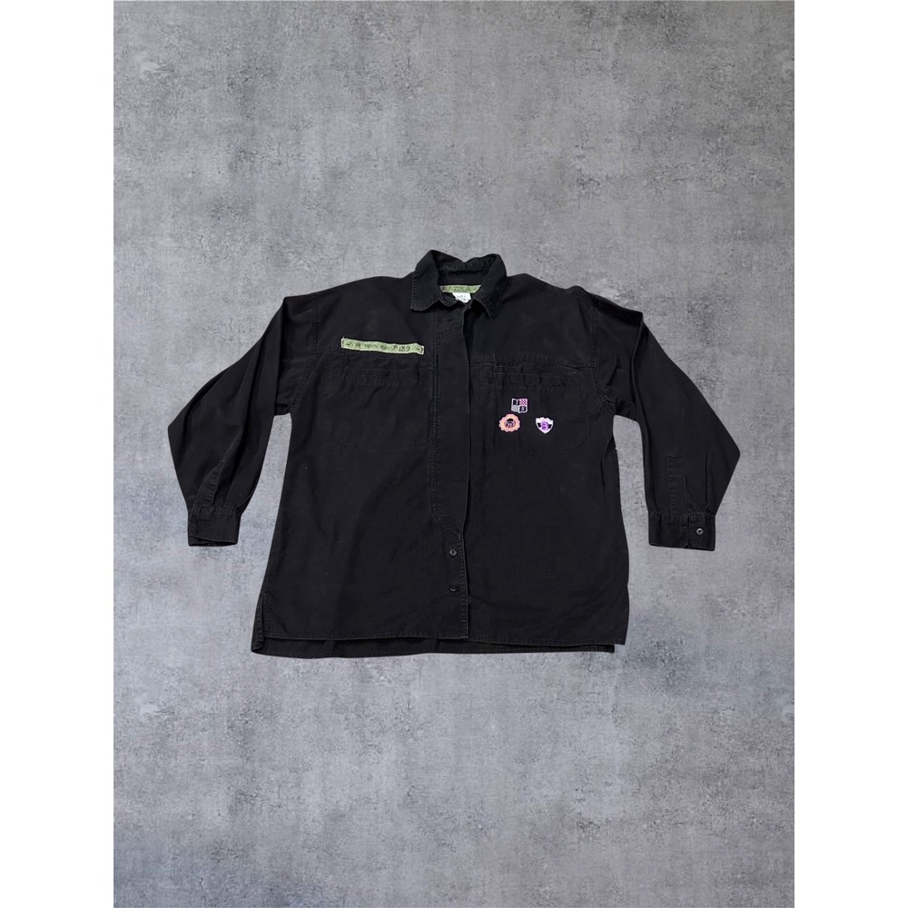Jordache Utility Shirt Mens Large Black Military Patch Button Up Long Sleeve EUC
